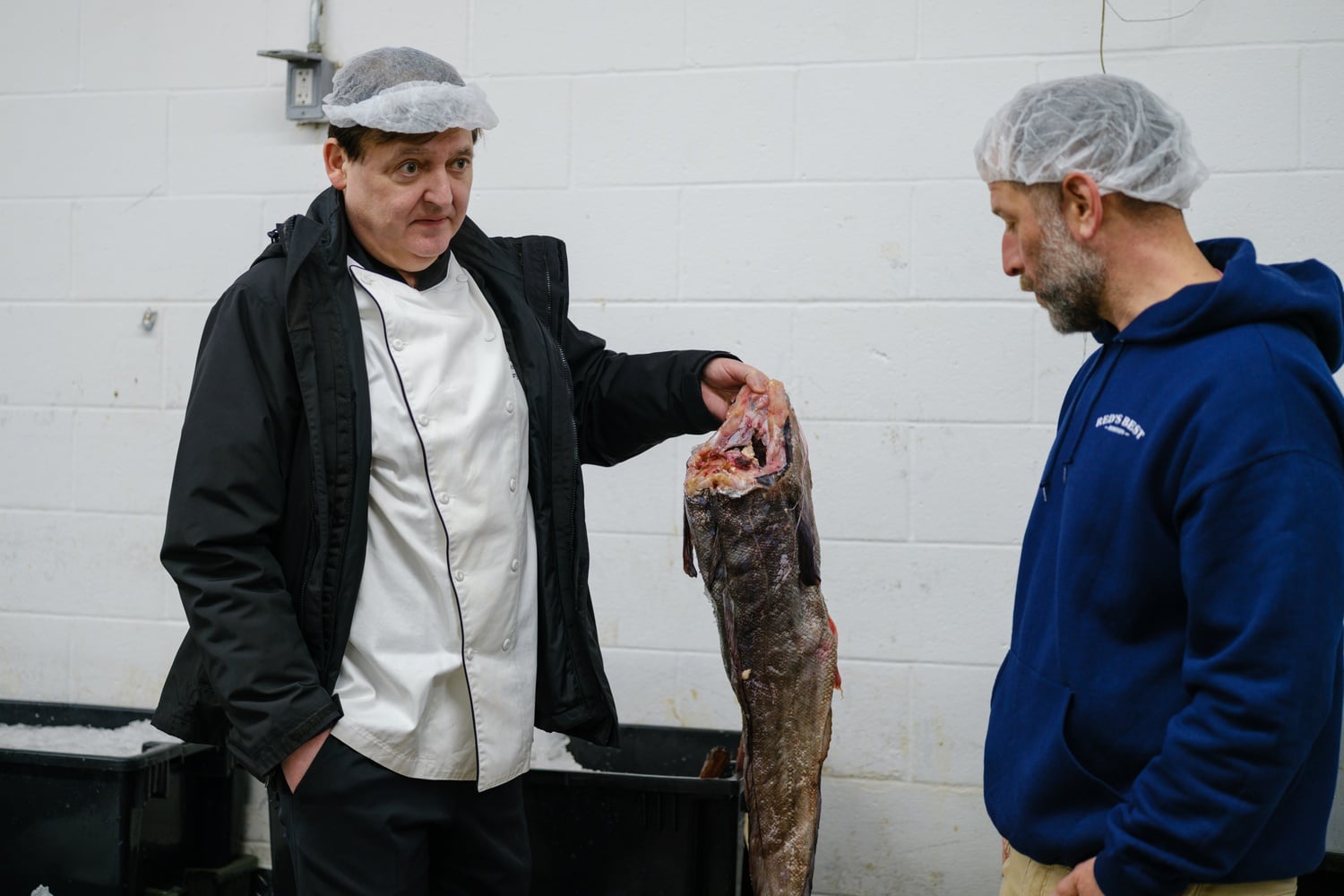 Martin T. Breslin and Jared Auerbach examining fish.