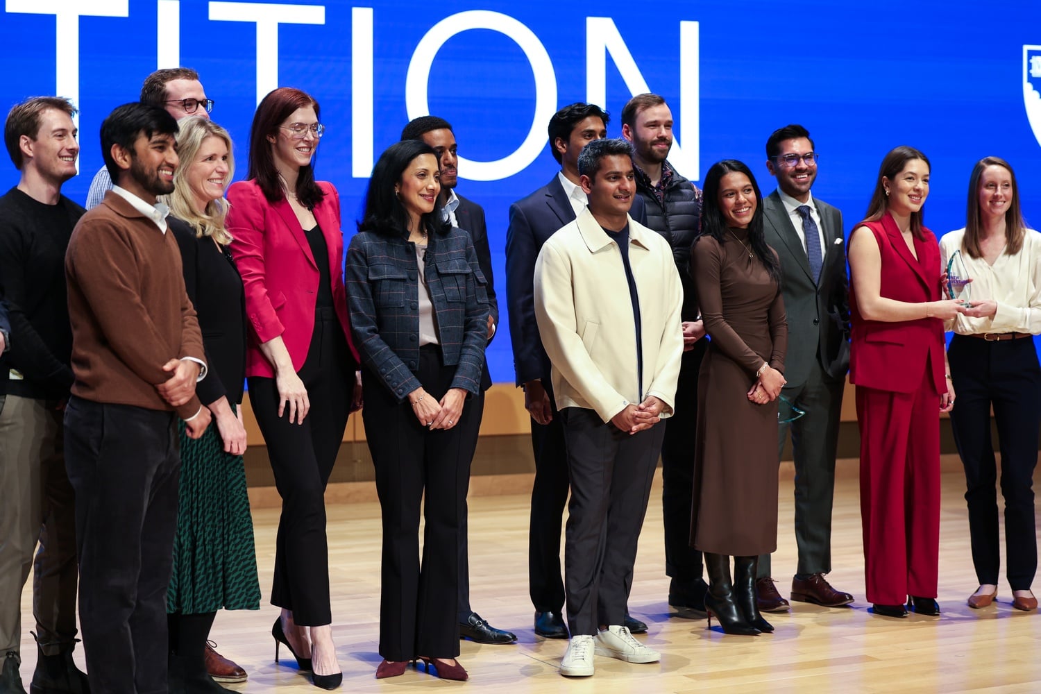 The presenters at the Harvard Business School New Venture Competition pose for a photo. Finalist teams pitched their ventures at the 30th annual competition finale Thursday.