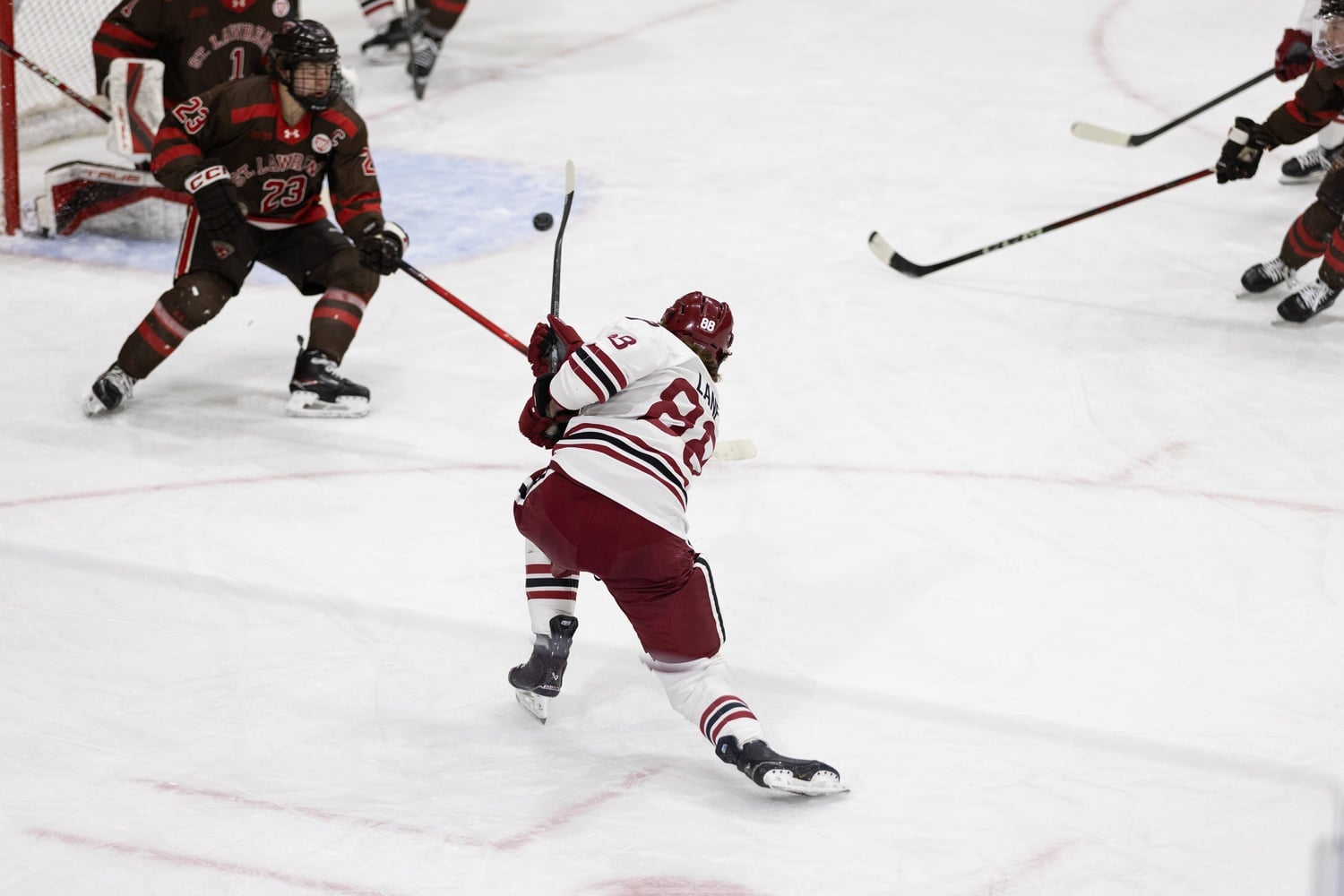 Freshman forward Aidan Lane scored the first goal of the night for the Crimson. 