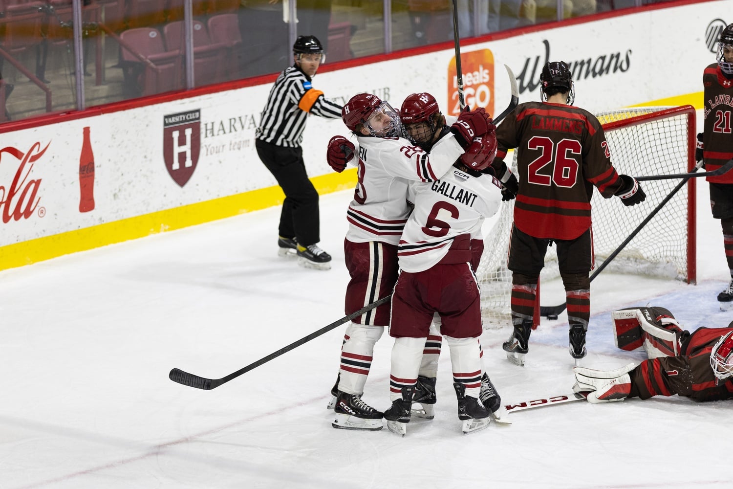 The Crimson celebrates after junior forward Michael Callow scored the equalizer in the third period. 