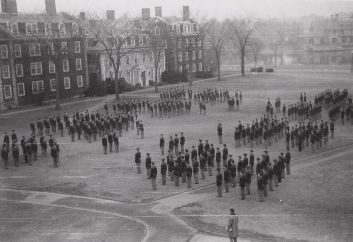 Military formation in HBS yard, 1944. Wartime Schools, Baker Library, Harvard Business School.