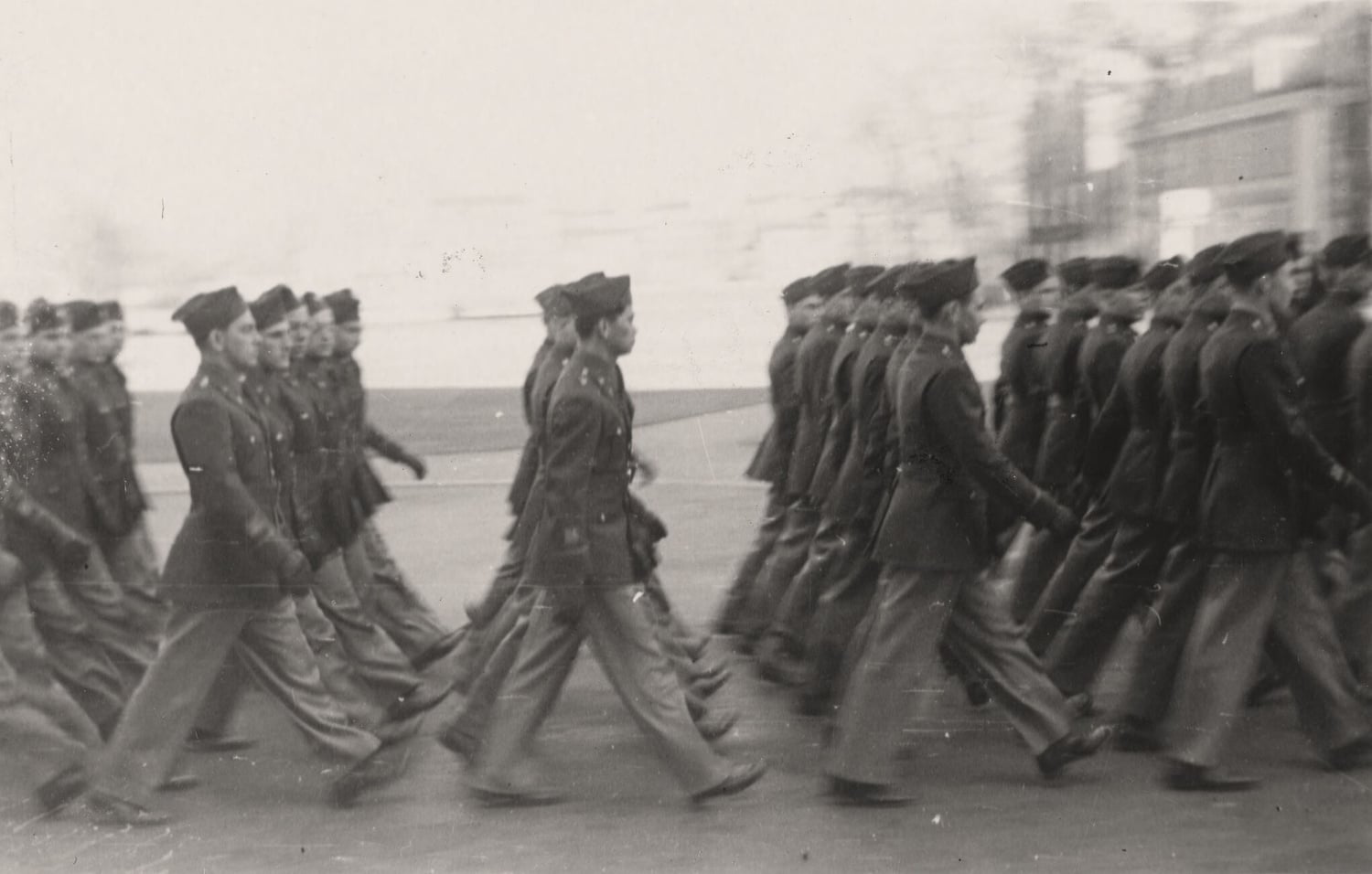Students in uniform marching, 1944. Wartime Schools, Baker Library, Harvard Business School.