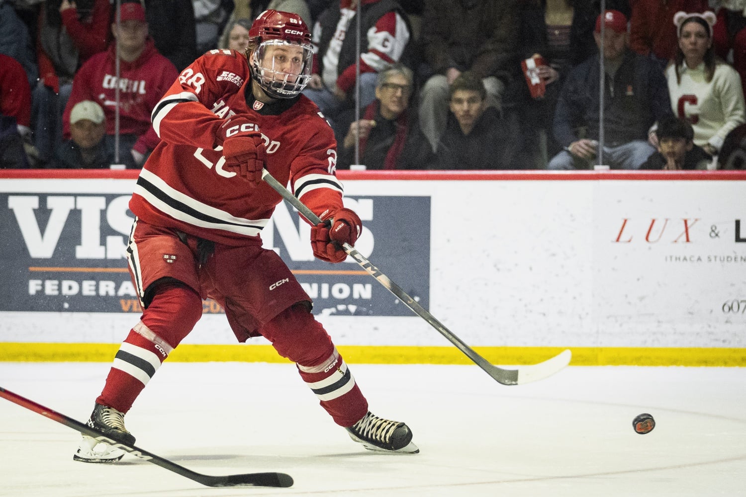 Freshman Heikki Ruohonen heaves a shot on net for the Crimson.
