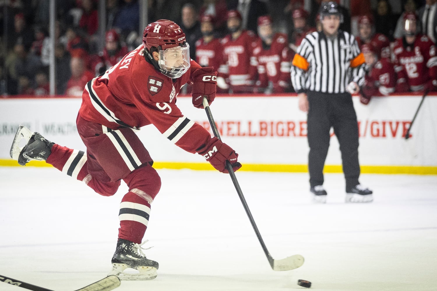 Senior defenseman Ryan Healey rips a shot on net. 