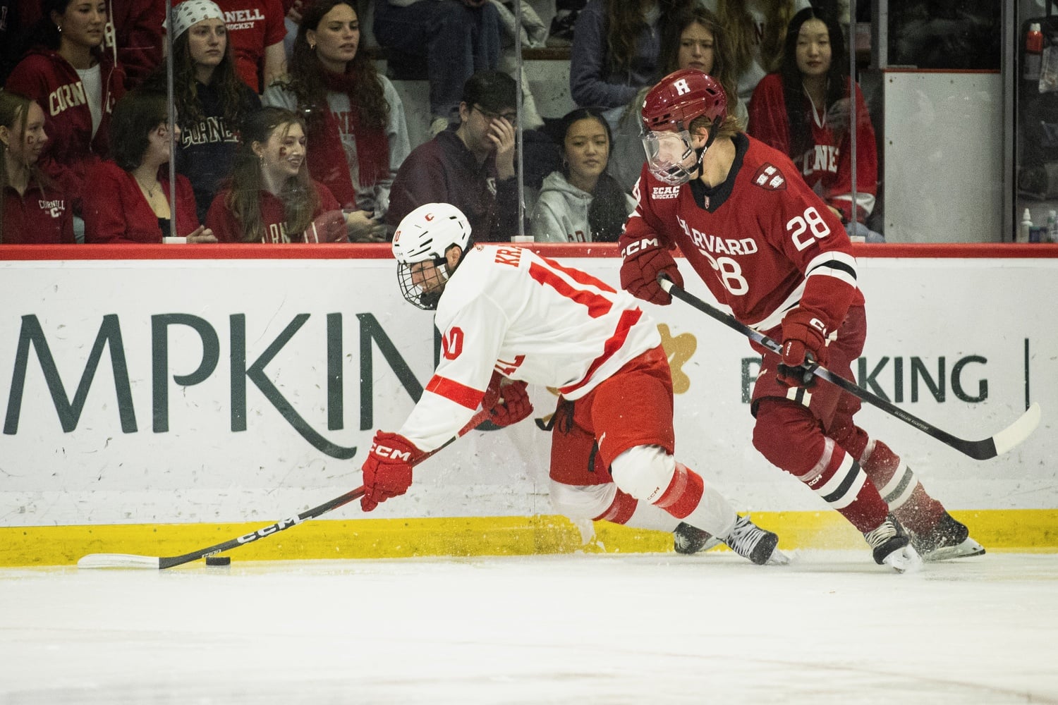 Freshman center Heikki Ruohonen chases down a Cornell player during the ECAC quarterfinal series. 