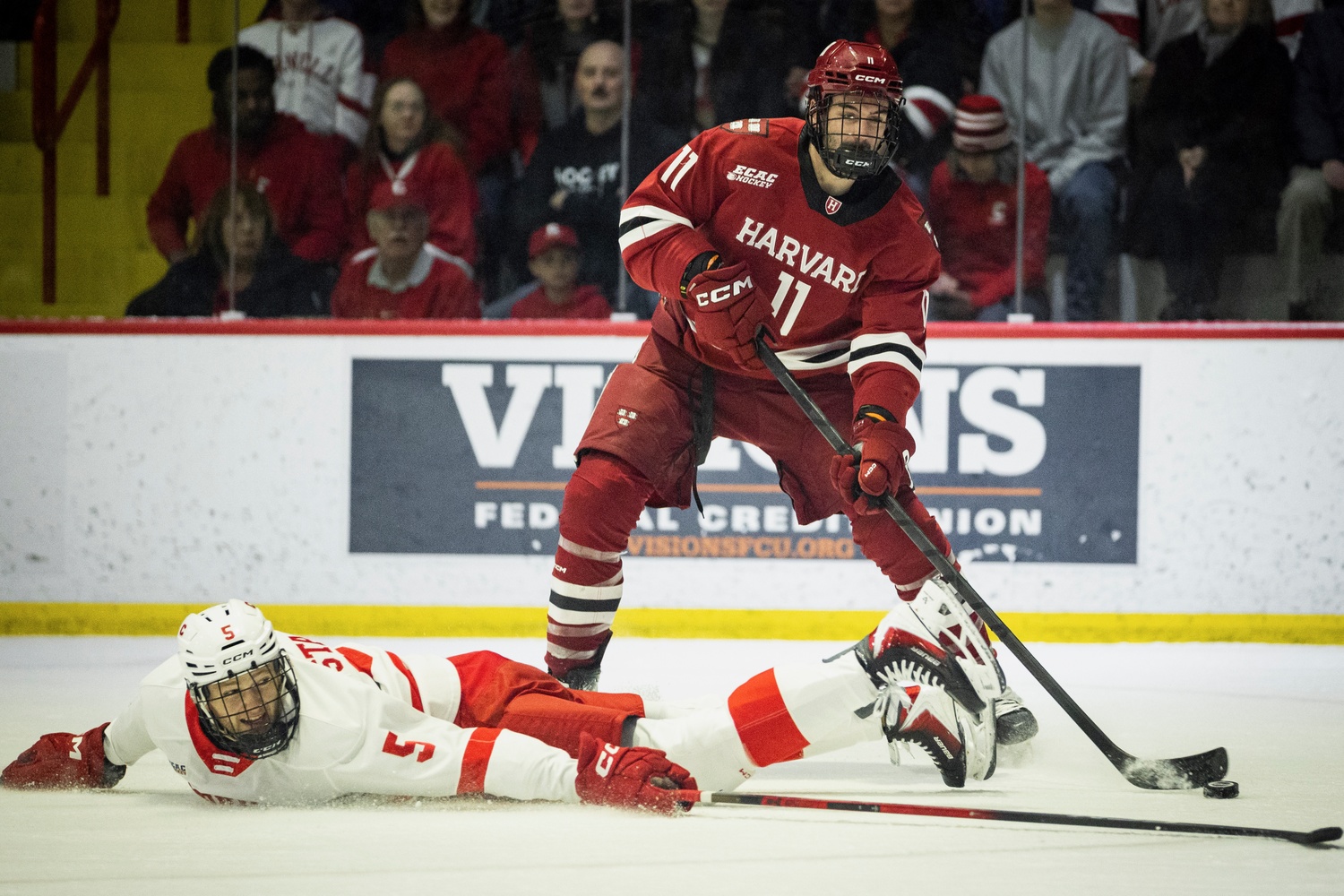 Sophomore forward Justin Solovey sends a Big Red defender flying as he marches the puck toward the net.  