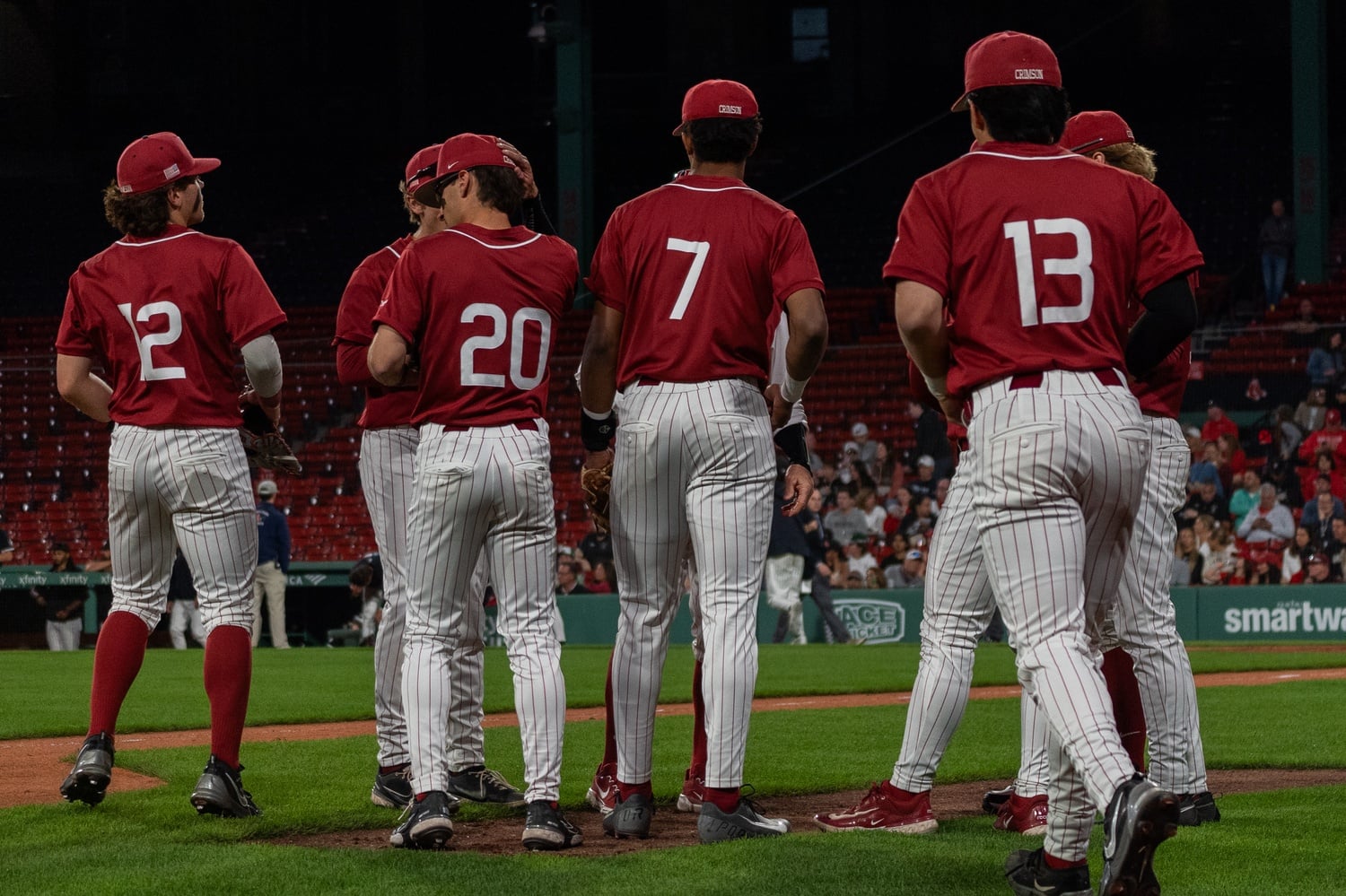 The Harvard baseball team during the 2025 Baseball Beanpot at Fenway Park