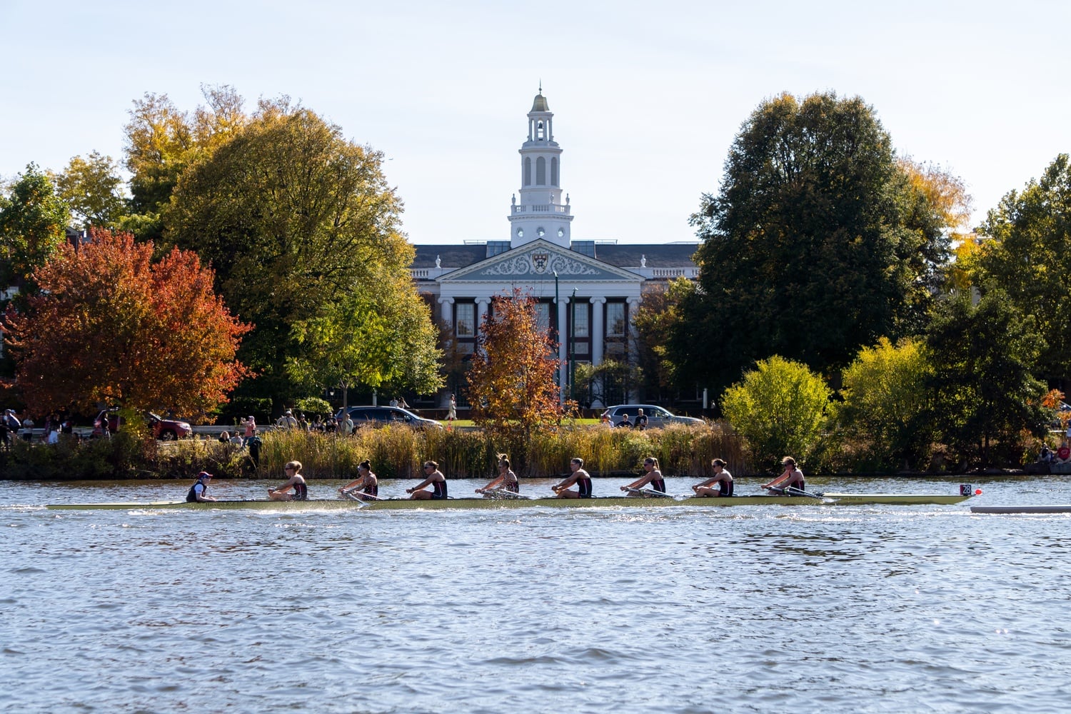 The Harvard-Radcliffe crew team races past HBS during the 2024 Head of the Charles Regatta.