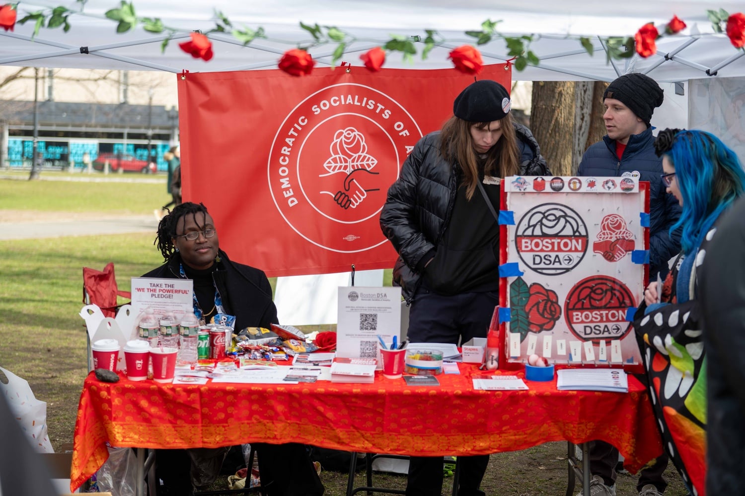 Boston DSA's tent at the No Kings protest in late March.