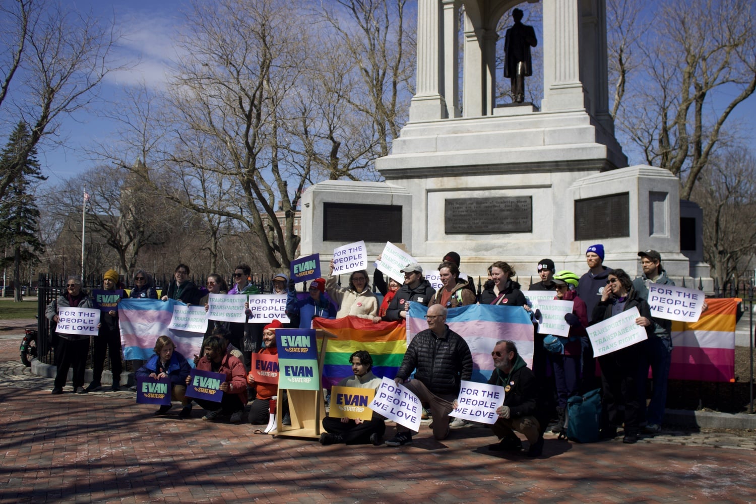 Evan MacKay, Boston DSA's only endorsed candidate in the 2026 election cycle, and a group of DSA members at a Trans Day of Visibility event in late March.