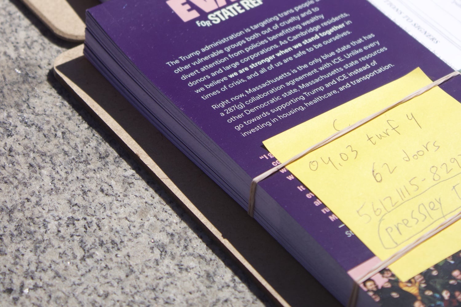 Canvassing materials for Evan MacKay's campaign are distributed at the Trans Day of Visibility event.