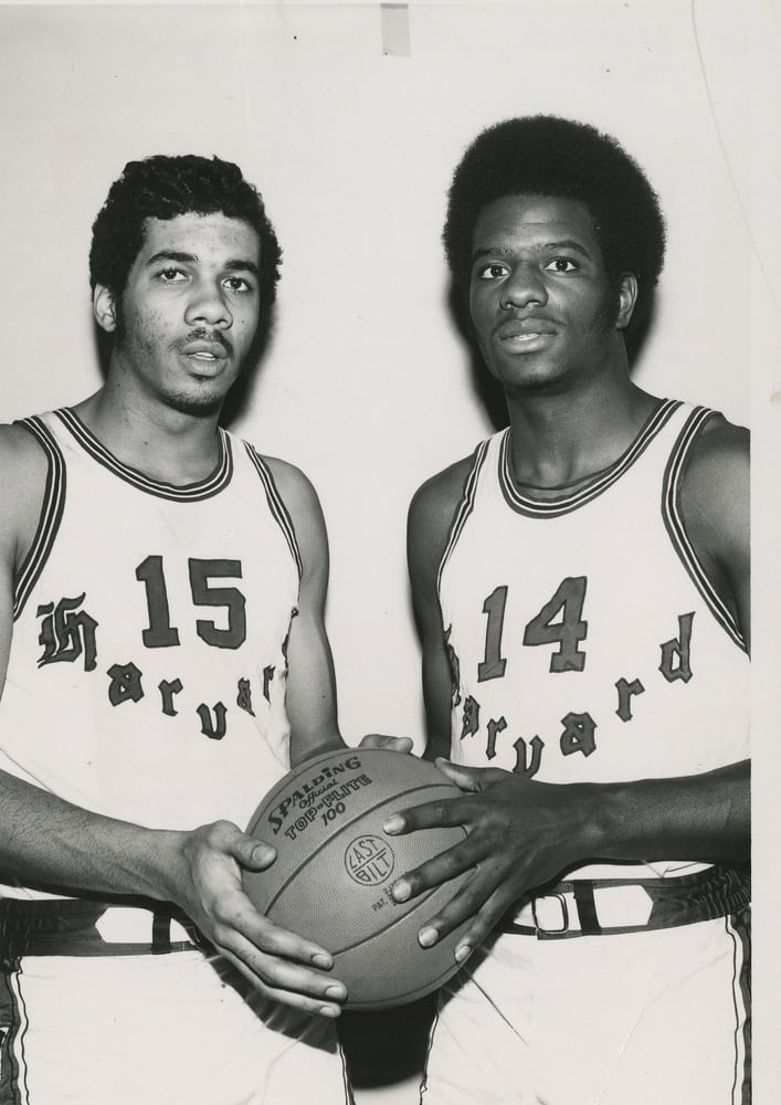 James Brown '73 (right) is pictured alongside Floyd Lewis '73. The duo both earned All-Ivy honors during their time representing the Crimson.