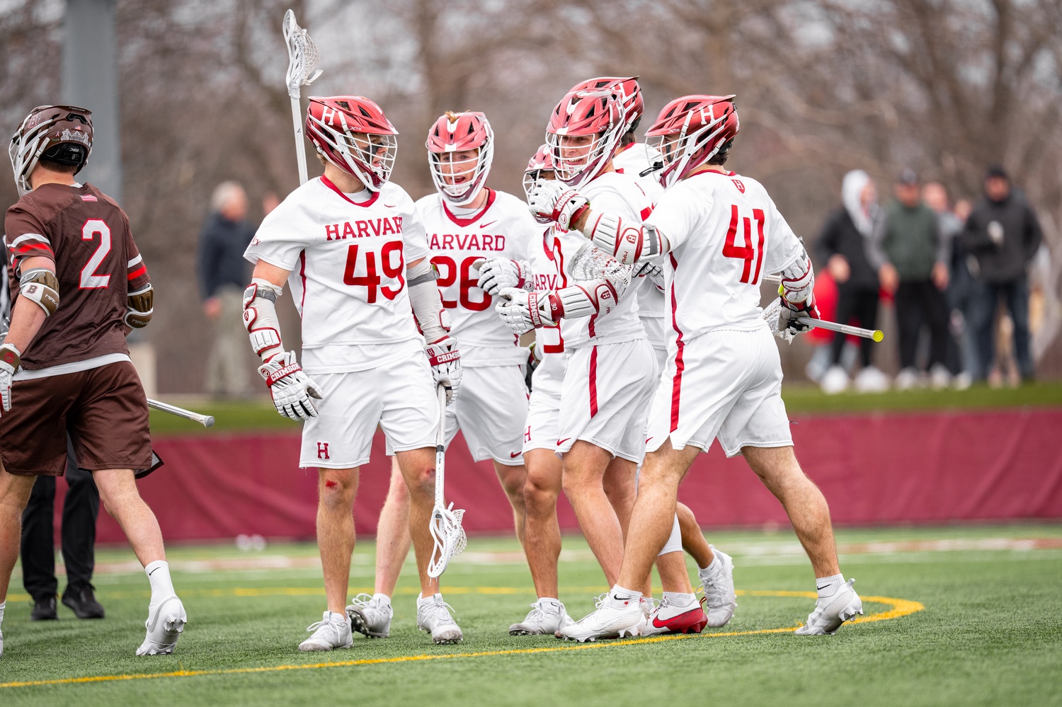 Harvard men's lacrosse celebrates a win over the Brown Bears earlier this season.