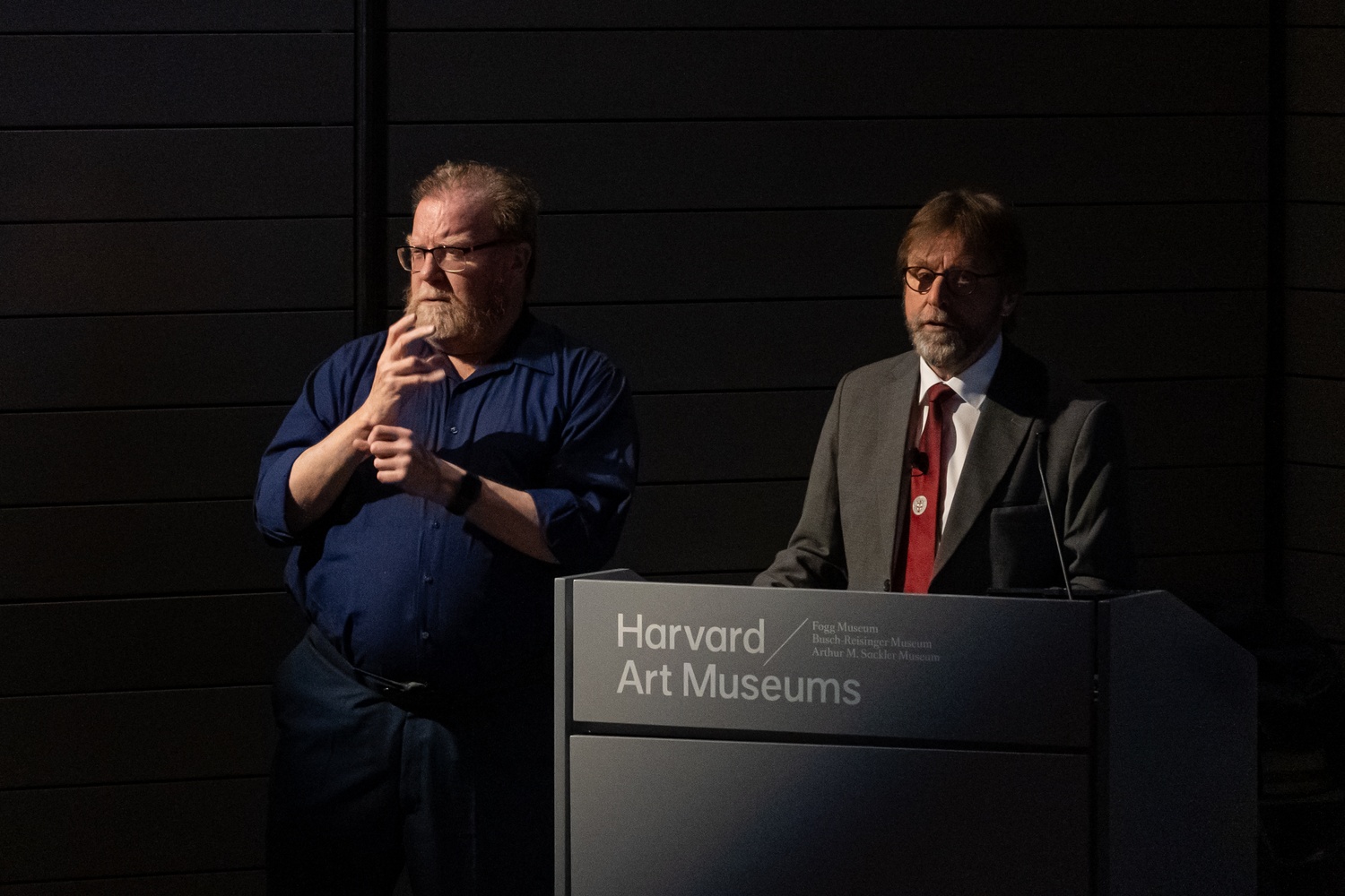 Professor David G. Wigg-Wolf discusses Celtic coinages at the Harvard Art Museums alongside American Sign Language interpreter Robert G. Lee.