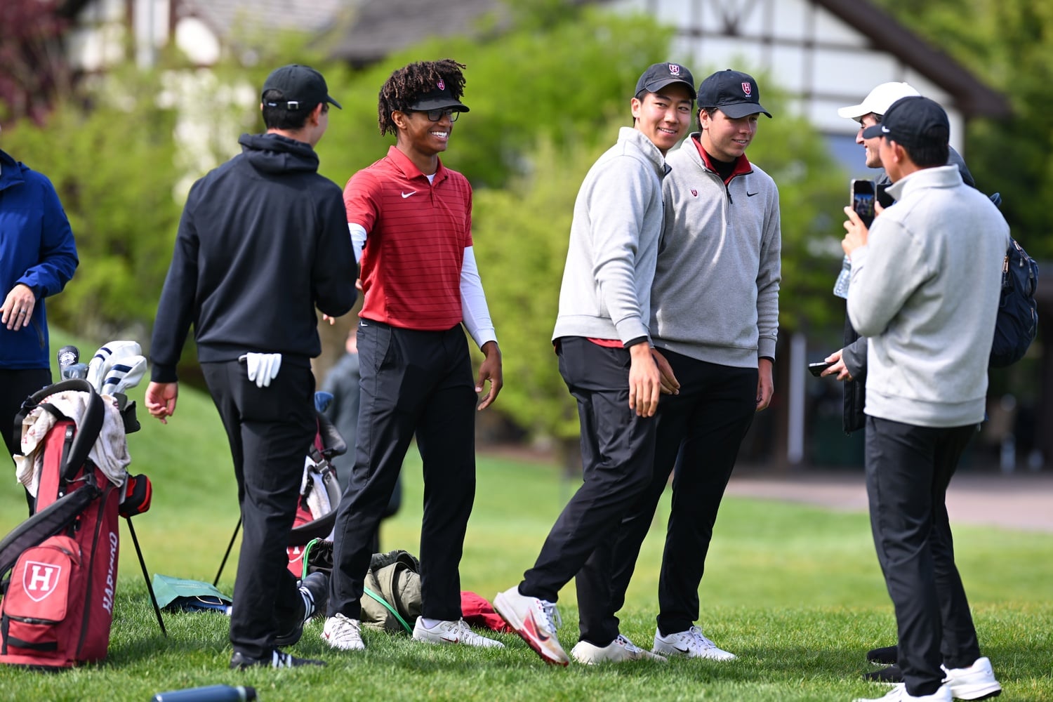 The members of the men's golf team celebrate their win at the 2026 Ivy League Championship. 