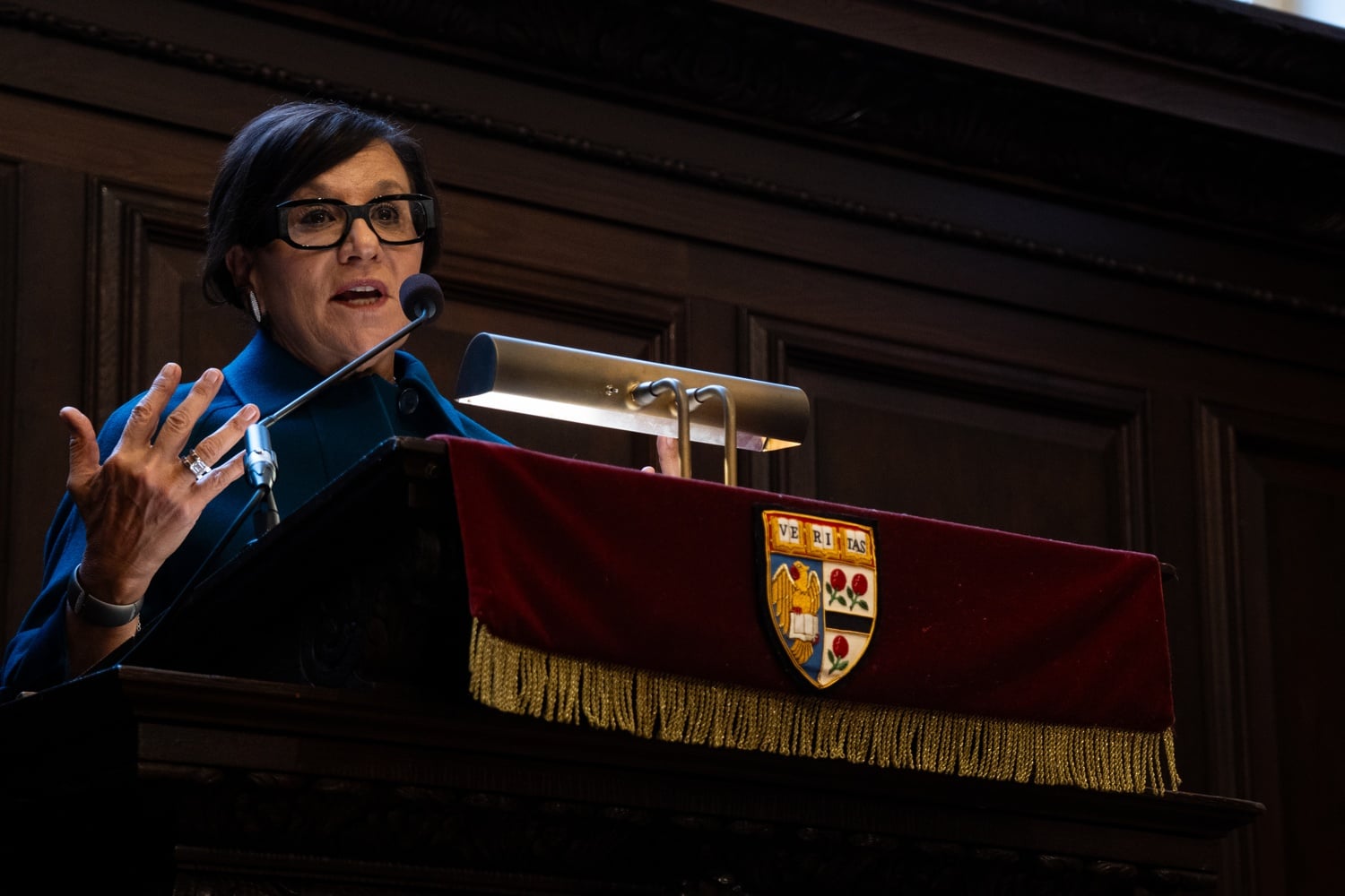 Harvard Corporation Senior Fellow Penny S. Pritzker '81 speaks at Memorial Church earlier this year. Pritzker warned last month that the U.S. was falling behind China in research and innovation.