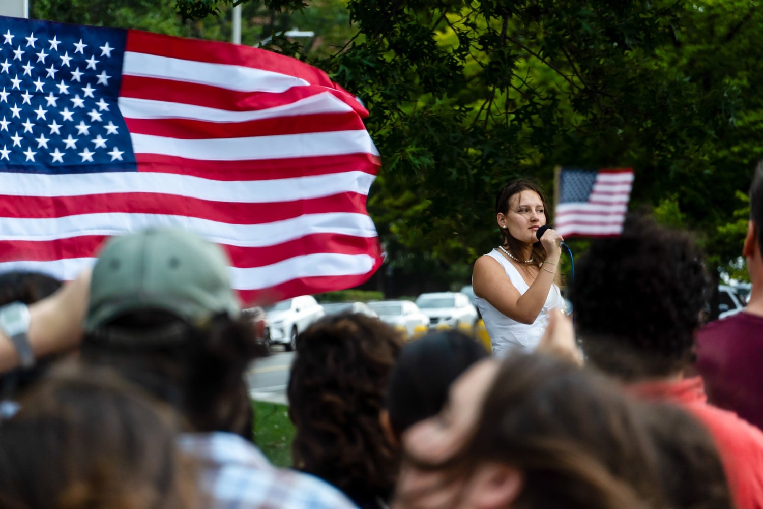 Oleksandra “Sasha” Khalo ’28, a Ukrainian international student, speaks at the Students for Freedom protest on Saturday.