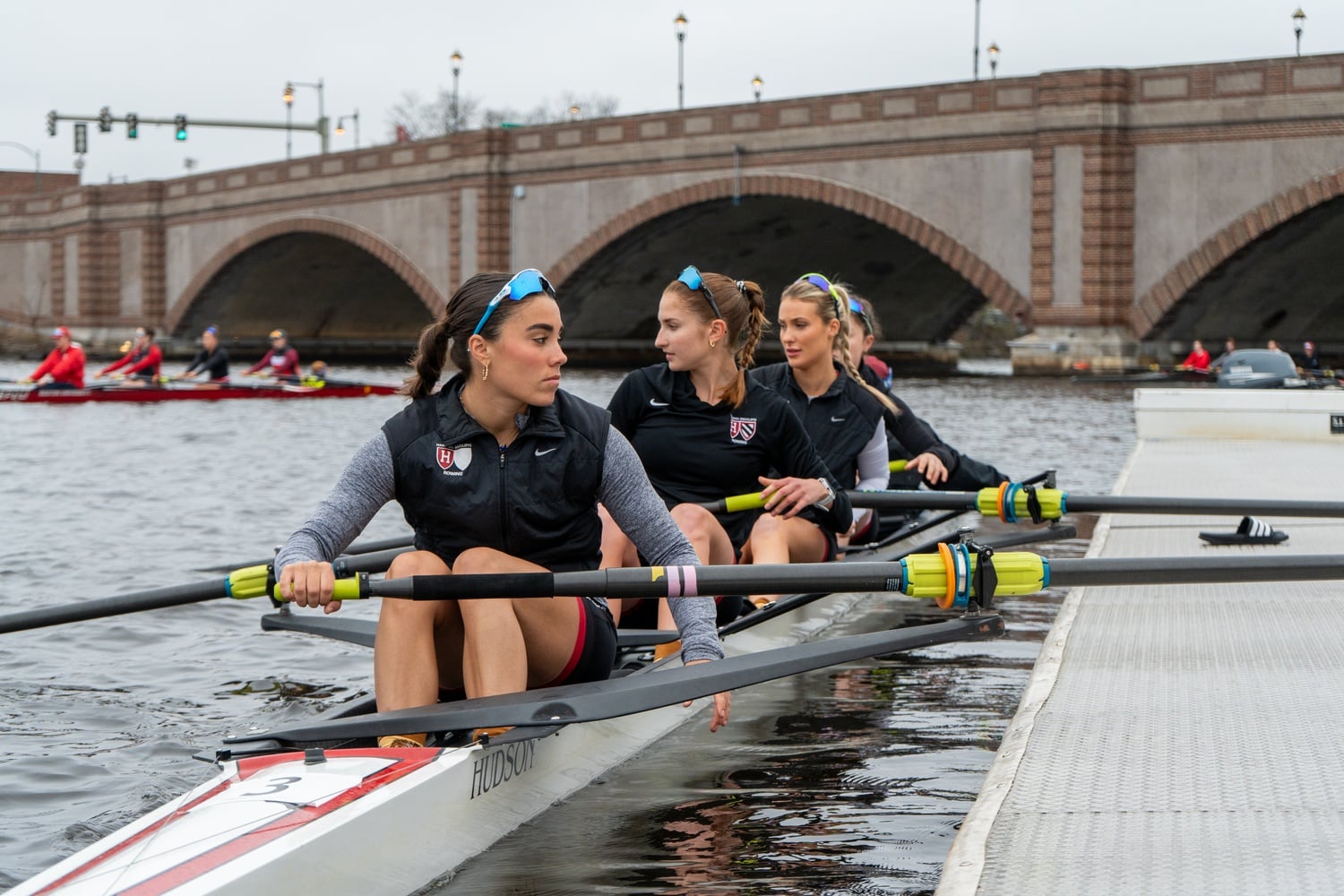 The Harvard-Radcliffe lightweight crew team prepares for the 2026 Beanpot earlier this season.