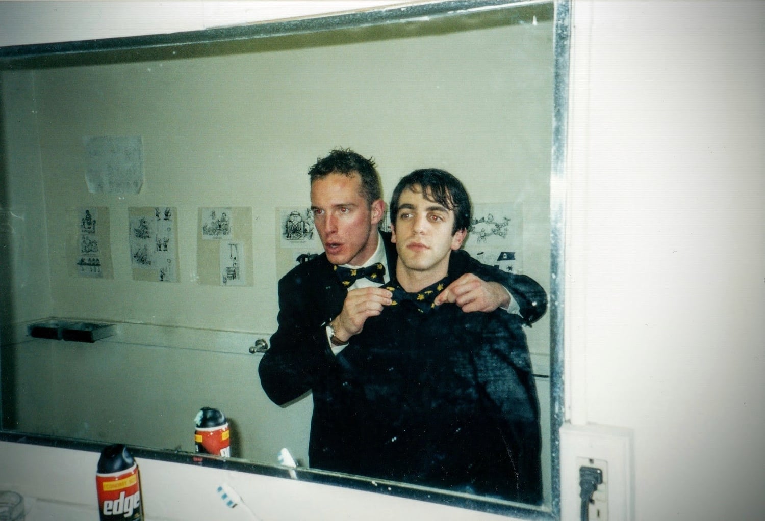 William B. Decherd '01 and roommate BJ Novak '01 prepare for a Lampoon event in a Winthrop House bathroom.