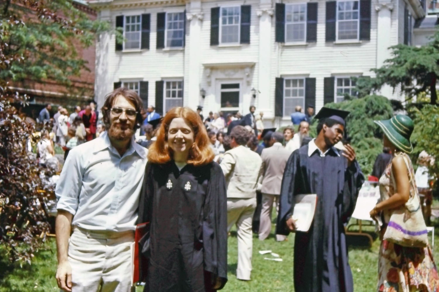 Phyllis Lugger '76 and Haldan Cohn '75 stand together on Commencement Day. Women in the Class of 1976 were among the first women to live in the Yard as Harvard first-years.