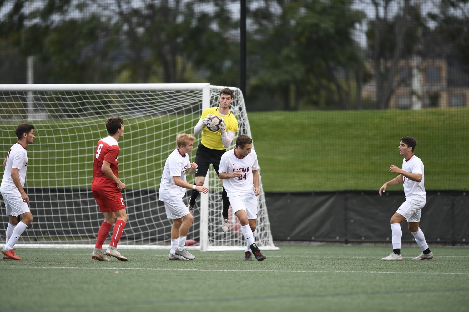 Matt Freese '22 makes a save against Cornell while playing for Harvard. Today, Freese served as the goalkeeper for the USMNT in its second game of the 2026 World Cup.