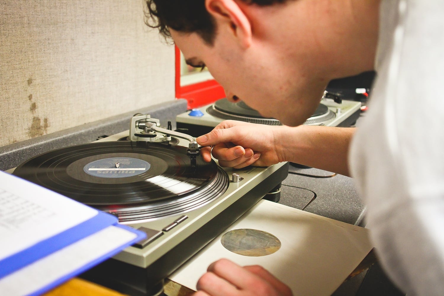 Beneath Pennypacker Hall during exam season, a dedicated group of students keep the lights on and tunes running.