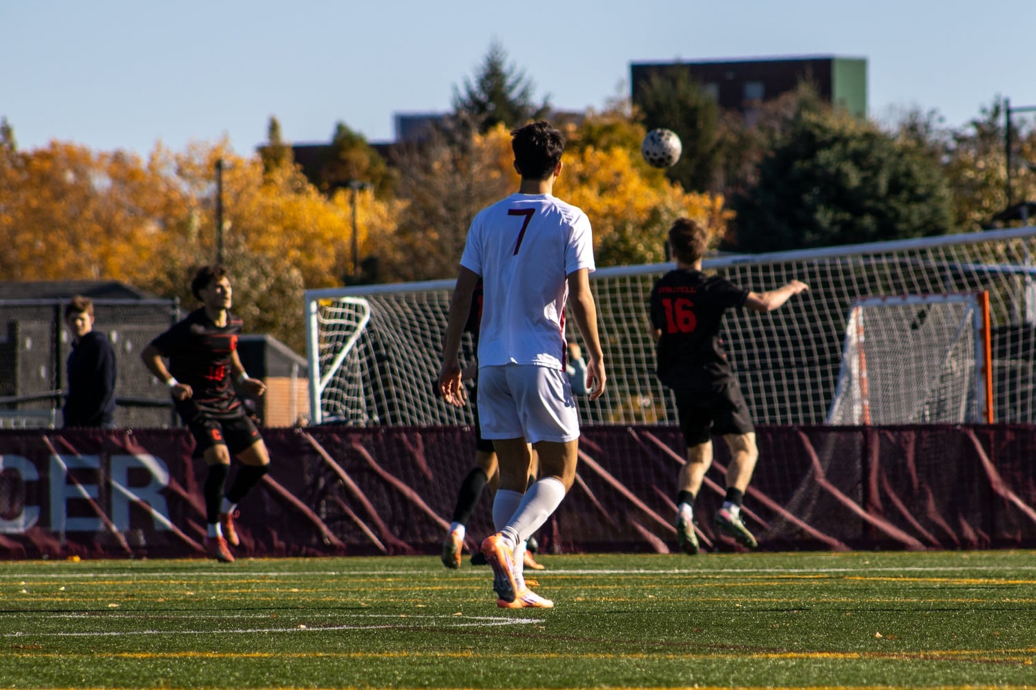 Then-junior Dylan Tellado competes against Cornell in 2025. In the Crimson's 2026 season opener, Tellado, now a captain, scored to make it 2-1 Harvard.