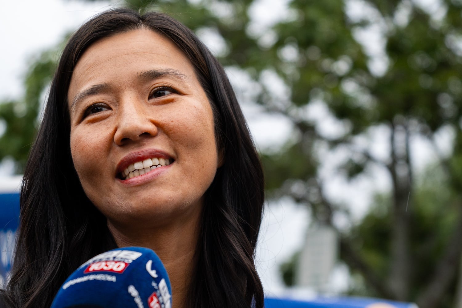 Boston Mayor Michelle Wu at the Oak Square YMCA Polling Place in Brighton.