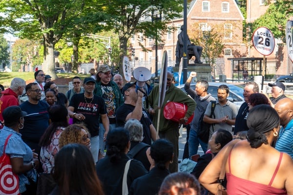 Cover image for Harvard Dining Workers Rally at Smith Center, Warn of Strike as Contract Talks Drag On