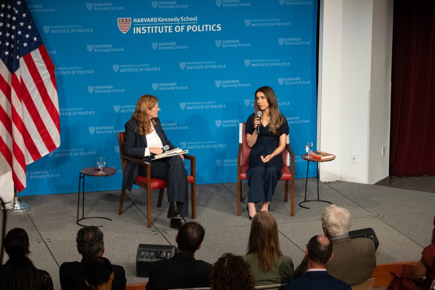 Nobel Peace Prize Laureate and human rights advocate Nadia Murad on the right speaking at John F. Kennedy Jr. forum moderated by former U.S. Ambassador to the United Nations Samantha J. Power, on the left.