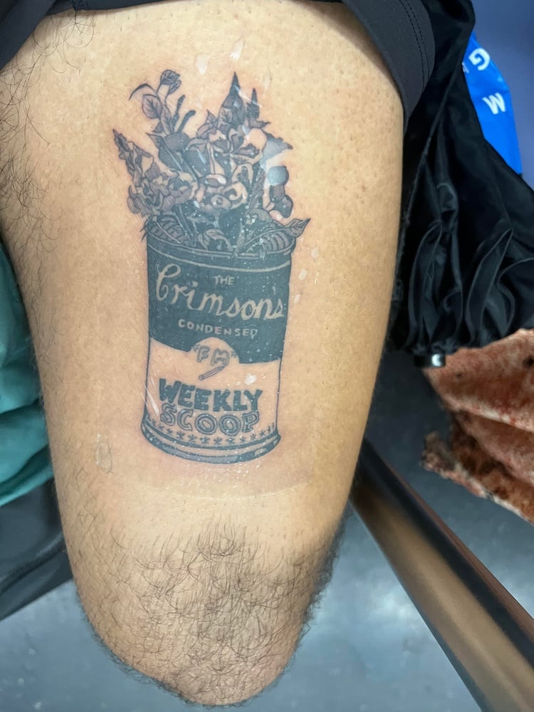 Harrison R.T. Ward '23, a former magazine comp director, has a tattoo of FM's unofficial soup can mascot. The can was drawn by former magazine chair Amber H. Levis '25 and inspired by Andy Warhol's "Campbell's Soup Cans" paintings.