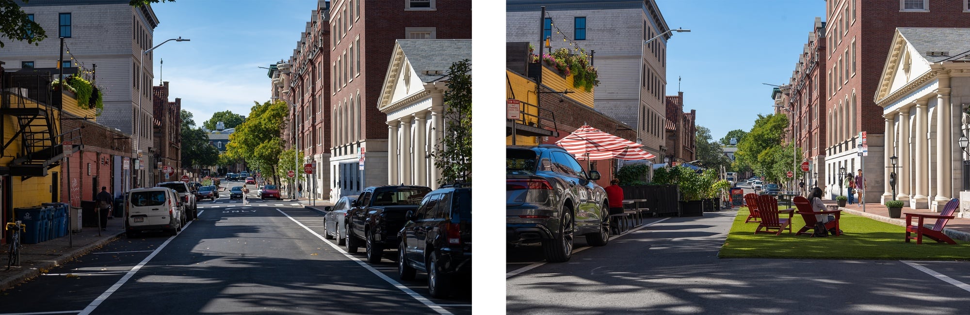 Lower Bow Street in September 2025 (left) and September 2026 (right). The block is now closed to motor vehicle traffic.