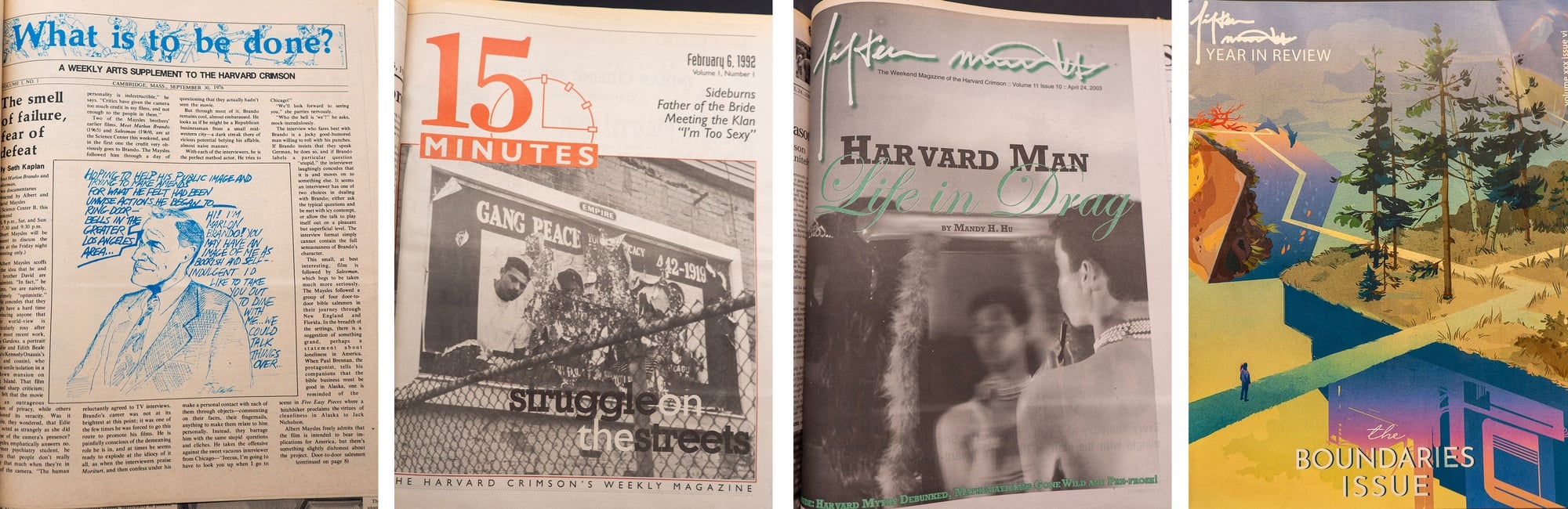 The magazines title and logo has evolved through the years. From left to right: The first issue of What Is To Be Done was published in 1976. The name was changed (and the volume count restarted) in 1992. The logo evolved to cursive, exemplified by this 2003 cover. In 2019, the magazine began its shift to glossy prints.