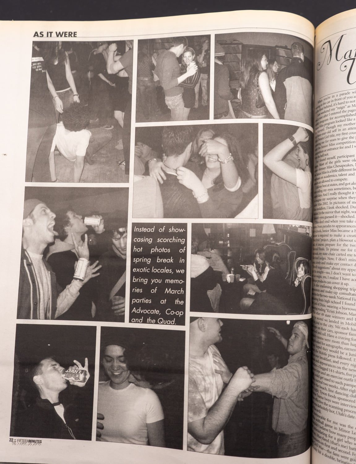 A page from an April 2003 issue of Fifteen Minutes. In the early 2000s, FM regularly published photos from parties — generally, parties they were not invited to.