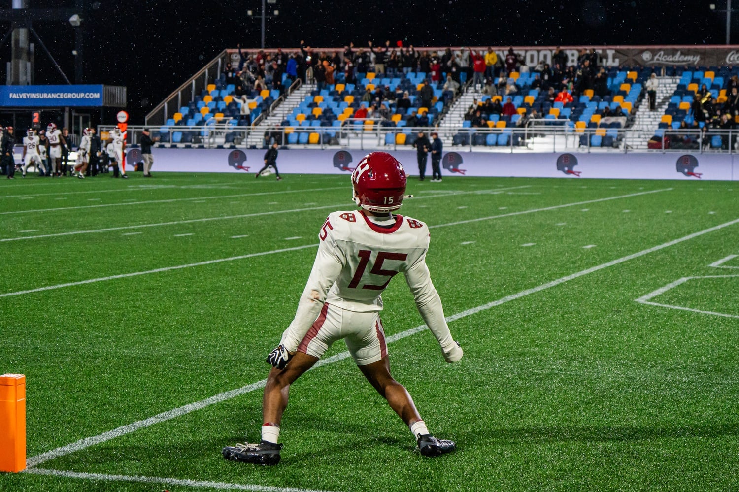 Junior defensive back Xaden Benson’s celebrates his third interception — and fourth takeaway — of the game. 
