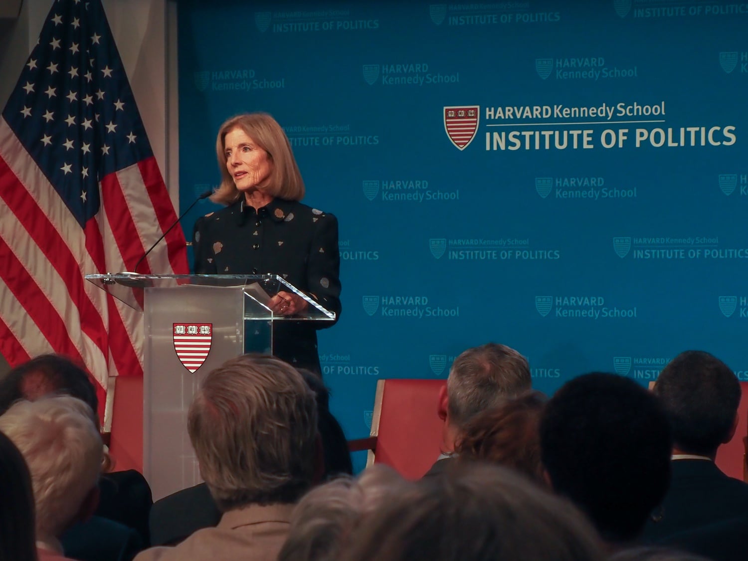 Caroline Kennedy '80 speaks at the Institute of Politics' 60th anniversary forum. Kennedy returned to the IOP on Thursday for the anniversary in her first known public appearance since resigning from the Institute's advisory body more than six years ago.