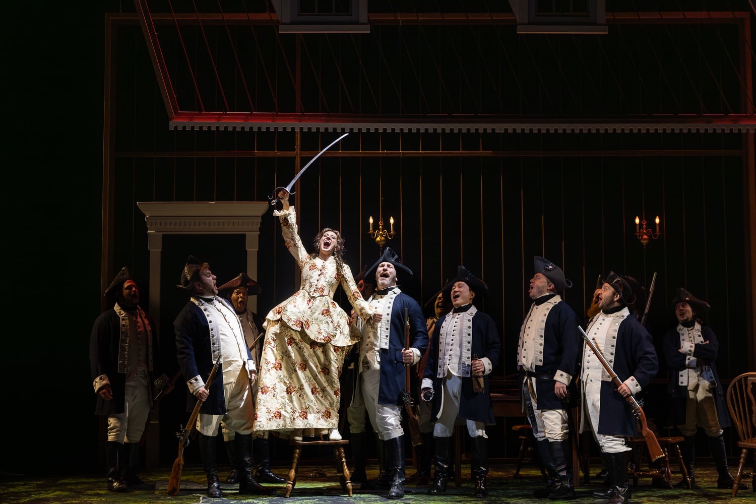 Marie (Brenda Rae) rallies newly uniformed soldiers in Boston Lyric Opera's 'Daughter of the Regiment'.