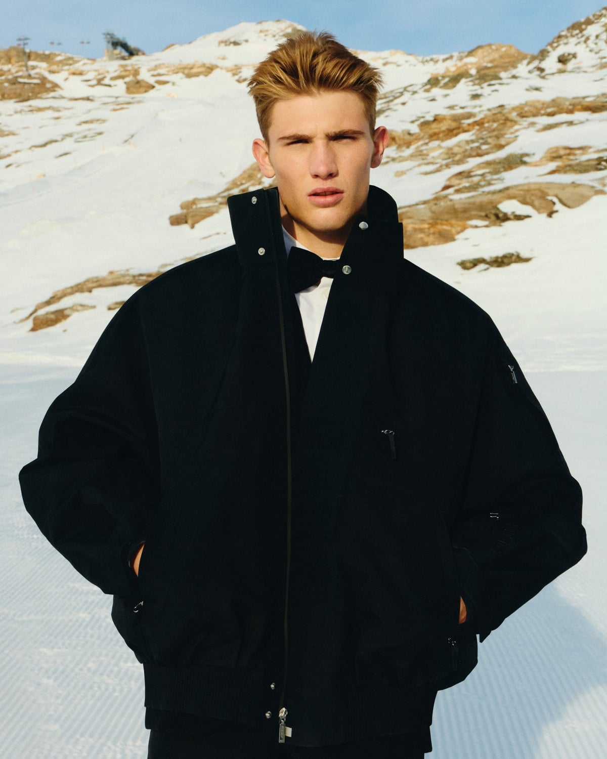 Joe Baker for Jacquemus and Nike in Austria, his first published modeling campaign. 