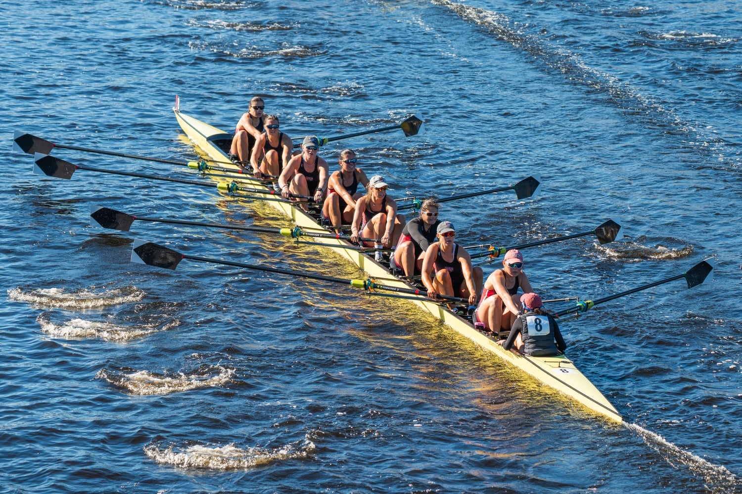 Harvard-Radcliffe's 1V cruises under the Anderson Memorial Bridge at the Head of the Charles Regatta. 