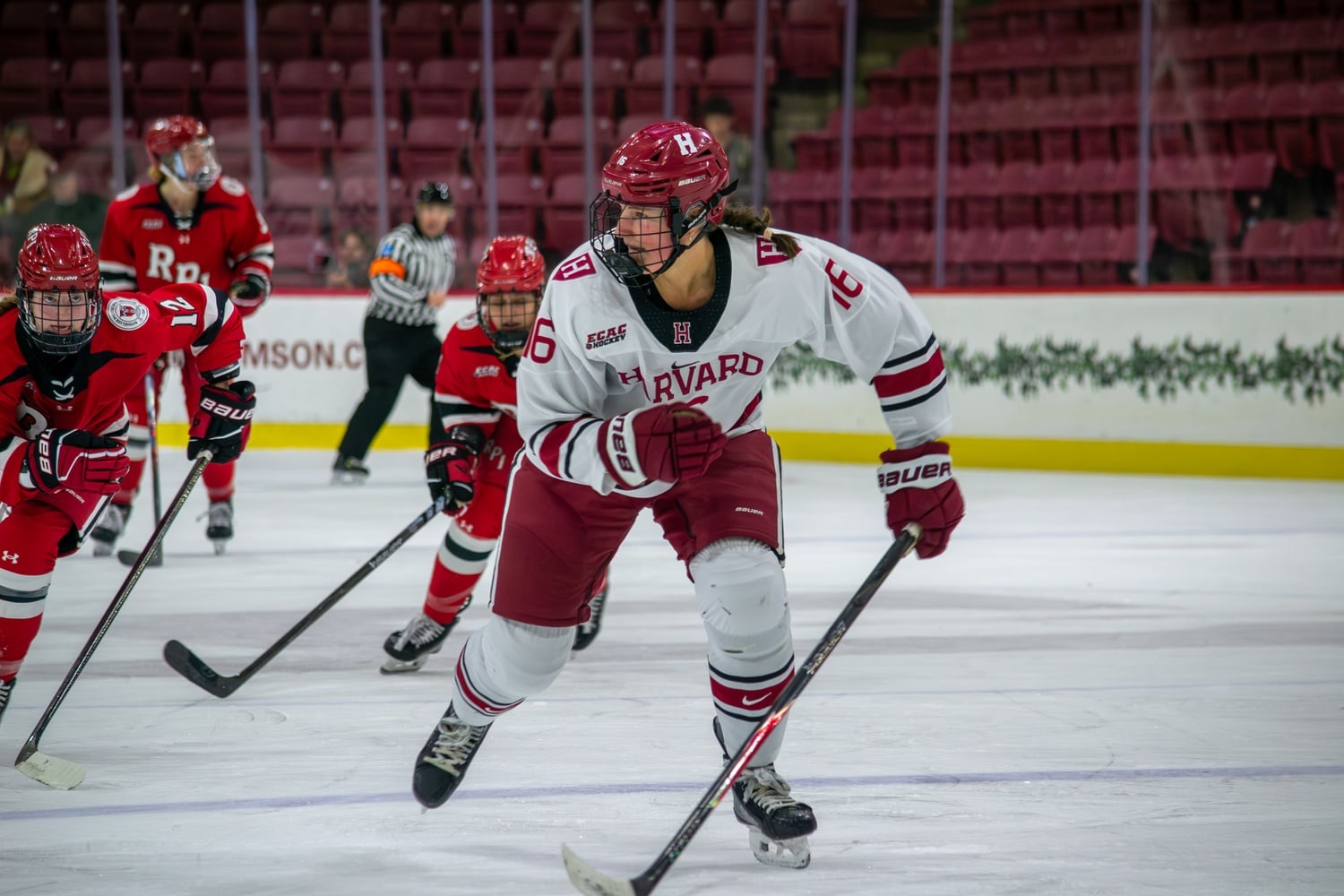 Junior defender Keira Ley hustles down the ice during a game last season.