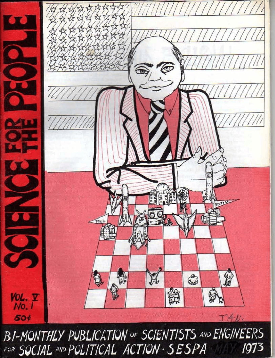 The cover of Science for the People's May 1973 issue (Vol. 5 No. 1), drawn by Mettie Whipple.