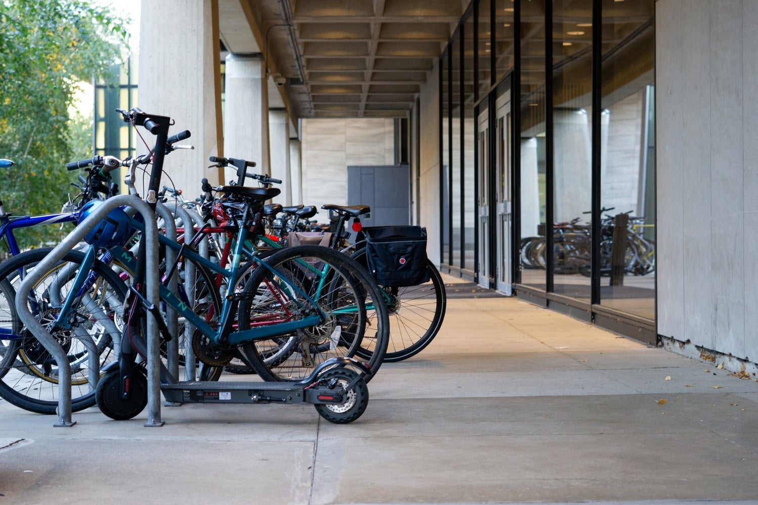 A bike and scooter rack on campus.